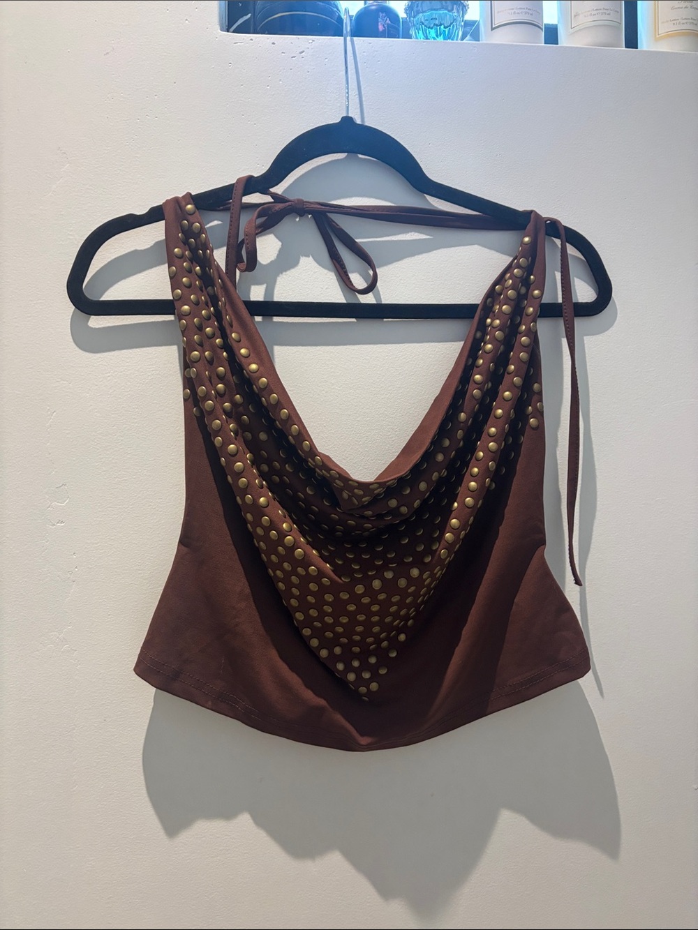 Brown Studded Drape Halter Top - Women